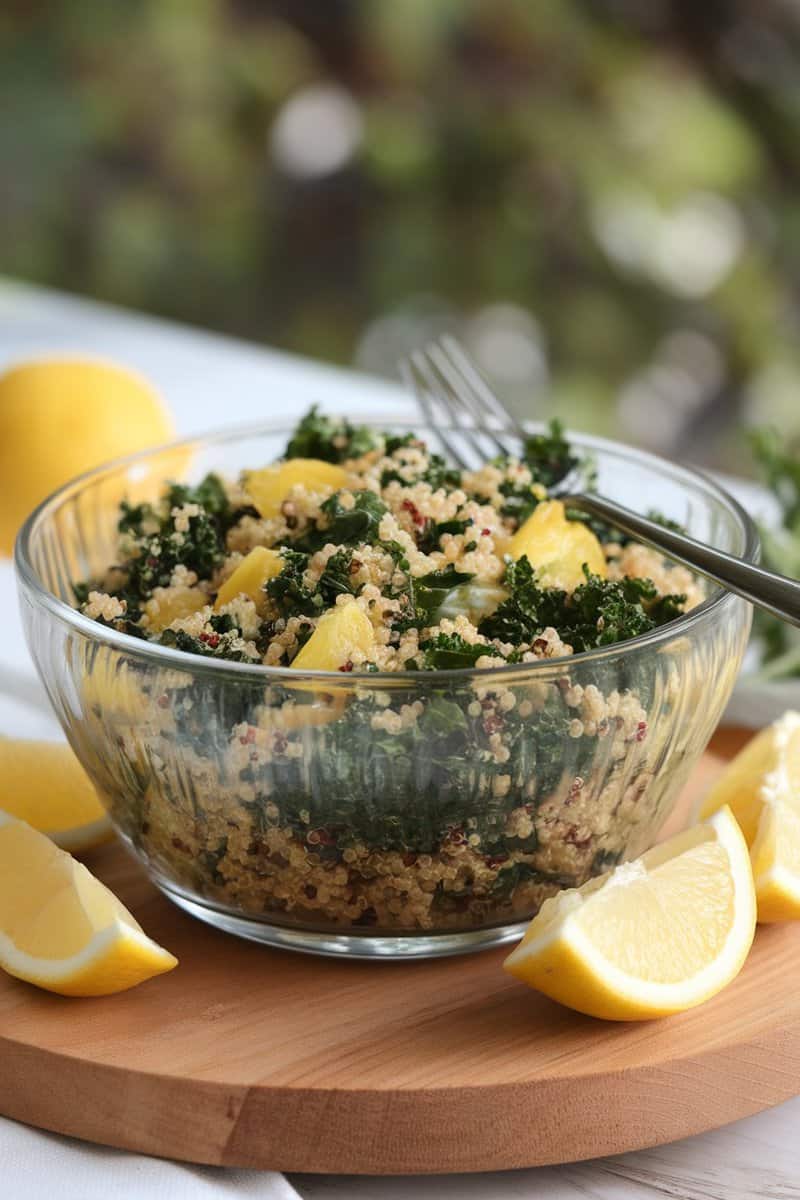 A fresh quinoa and kale salad with lemon vinaigrette in a clear bowl, garnished with lemon wedges.