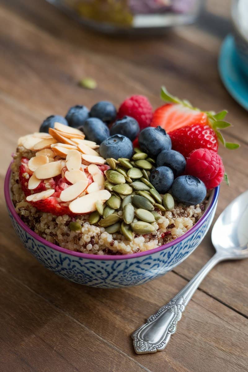 A colorful quinoa breakfast bowl topped with fruits and nuts