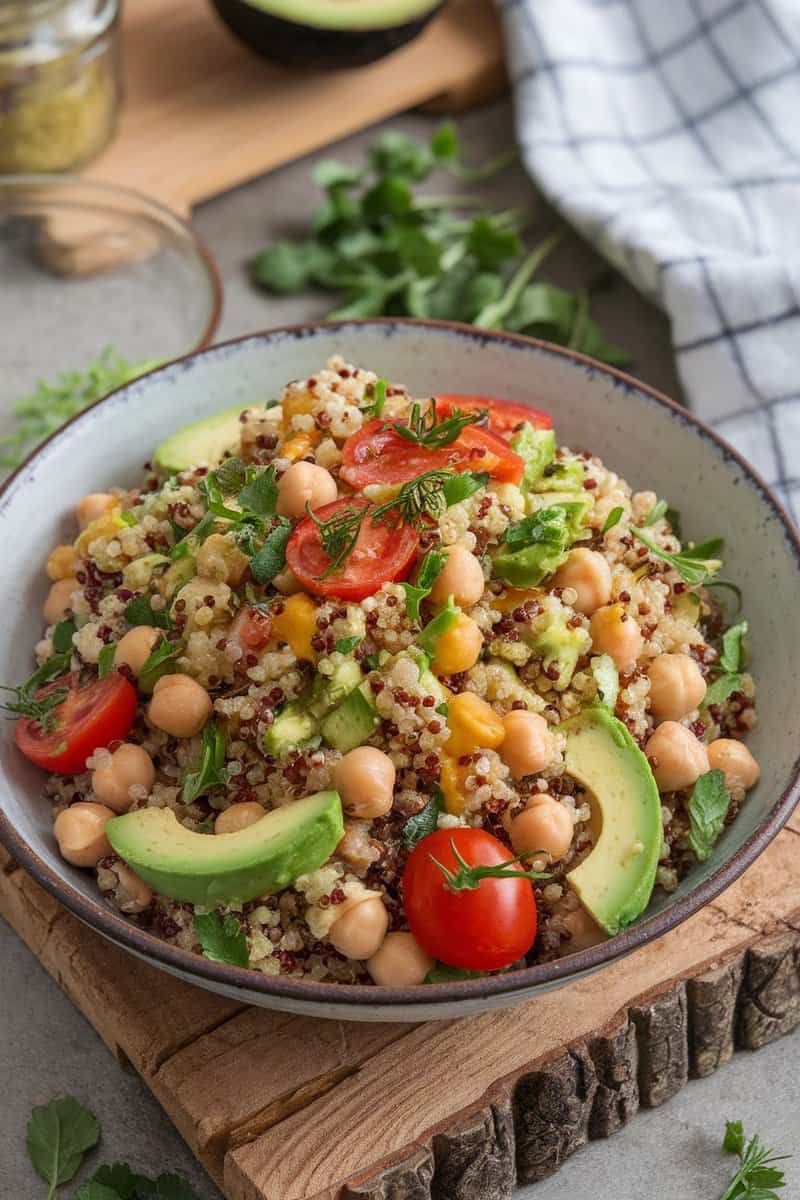 A vibrant quinoa salad with chickpeas and avocado, decorated with cherry tomatoes and fresh herbs.