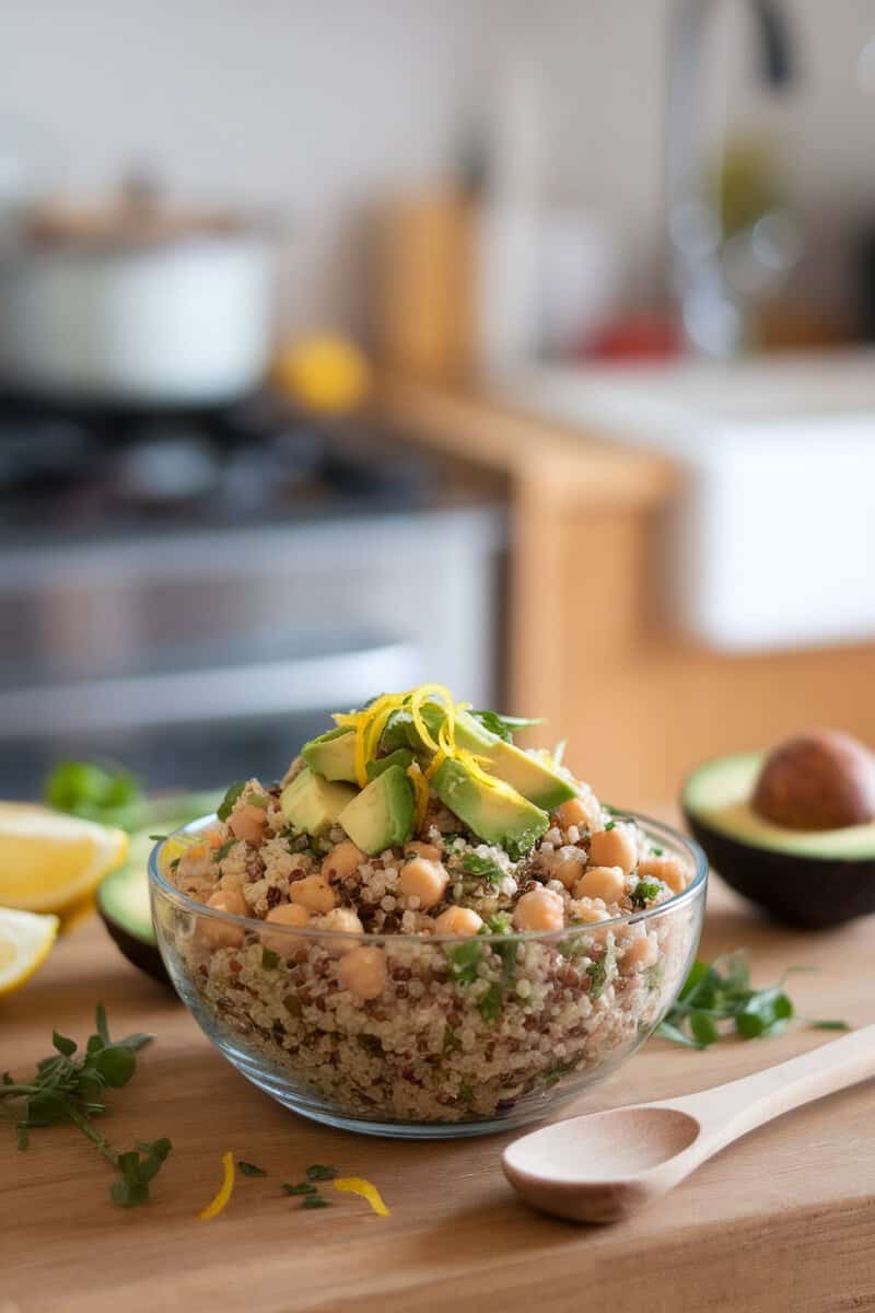 A vibrant quinoa salad with chickpeas, avocado, and fresh vegetables.