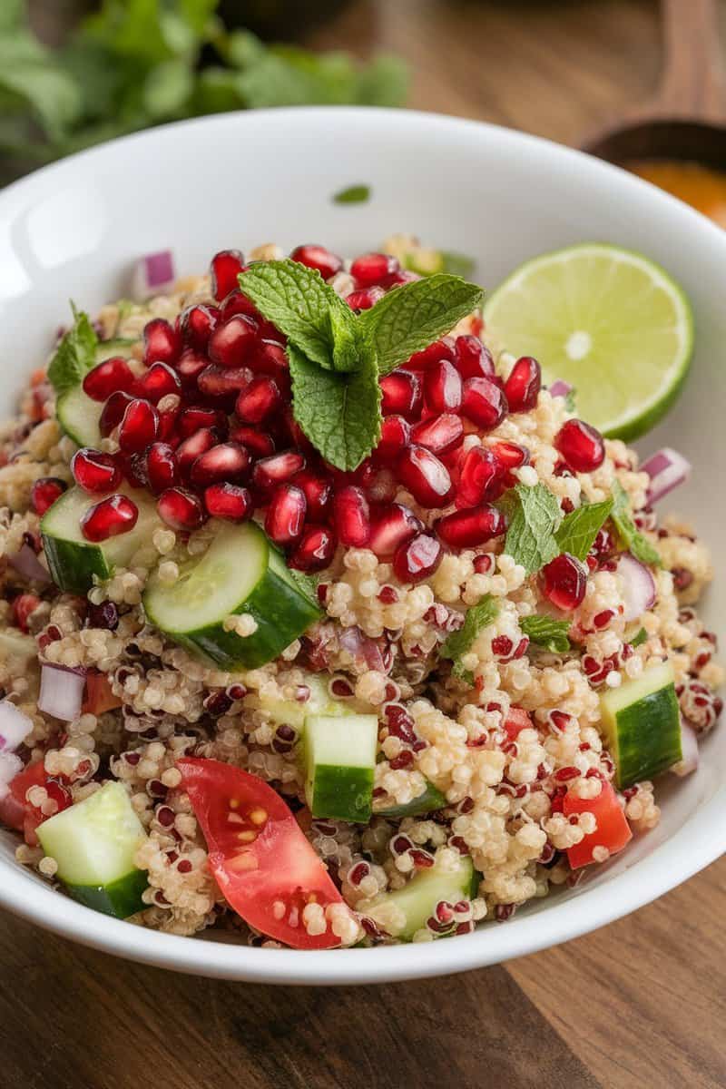 Quinoa salad with pomegranate seeds, cucumbers, tomatoes, and mint in a white bowl