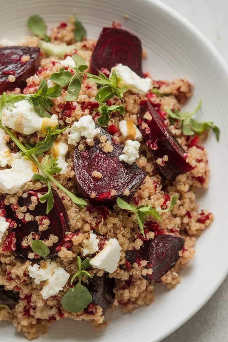 A vibrant quinoa salad with roasted beetroot and goat cheese, garnished with fresh herbs.