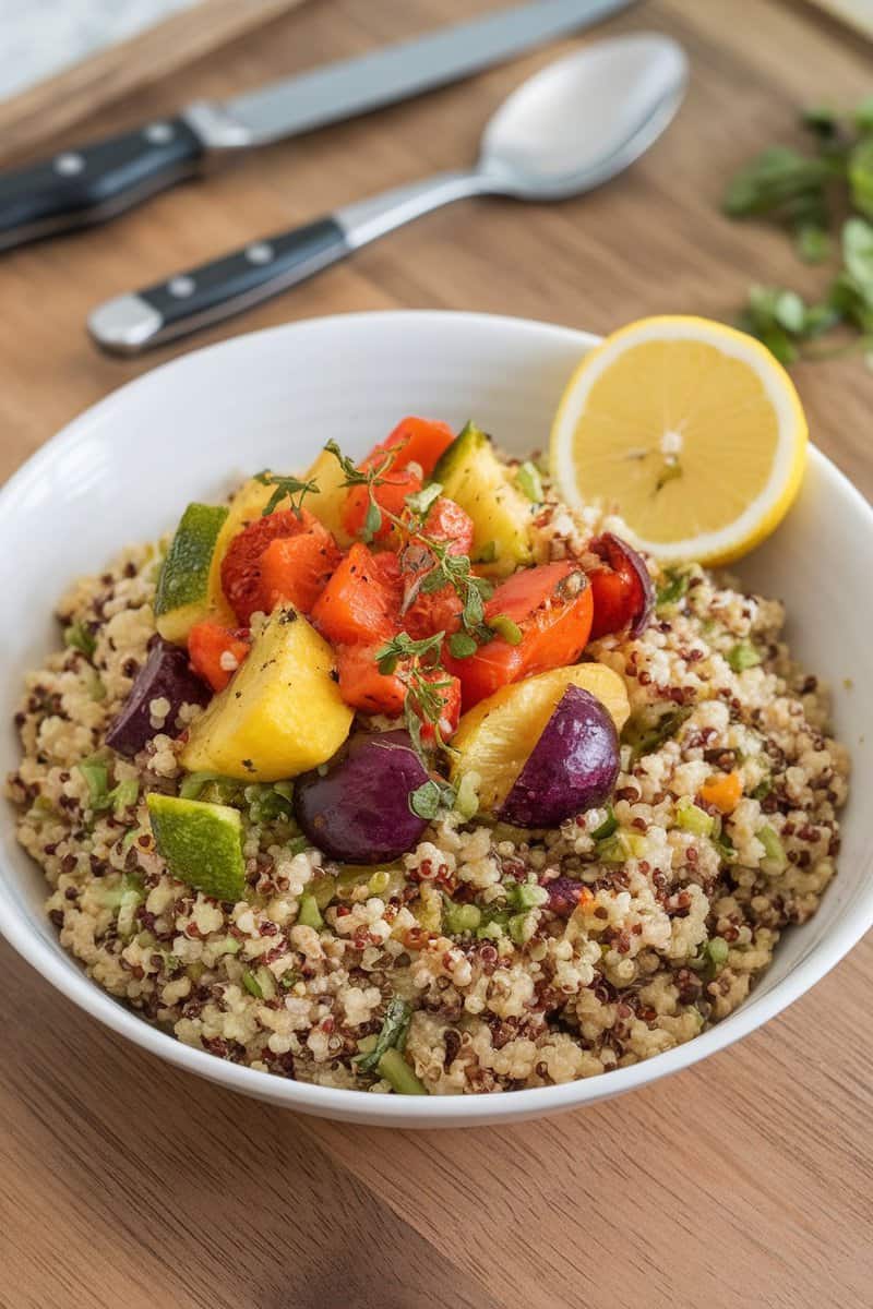 A bowl of quinoa salad topped with roasted vegetables and a lemon wedge