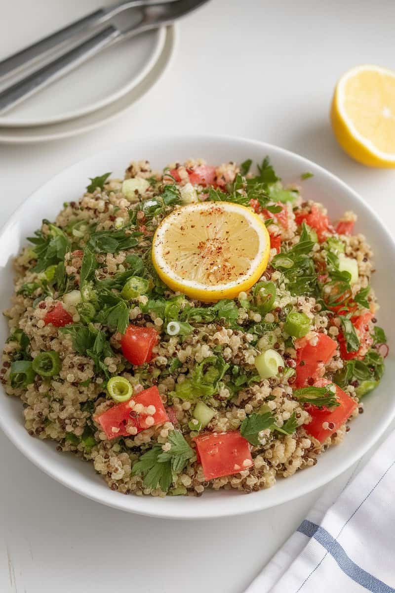 A bowl of quinoa tabbouleh salad with parsley, tomatoes, and lemon slices on top