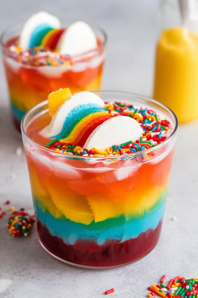 A colorful cup of rainbow sherbet punch with layers of fruit and sprinkles.