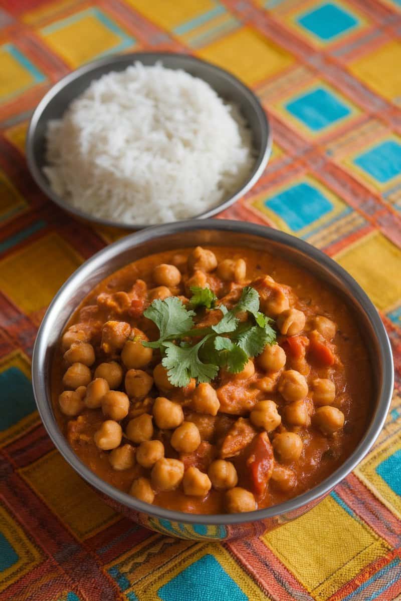 A bowl of chickpea curry served with rice