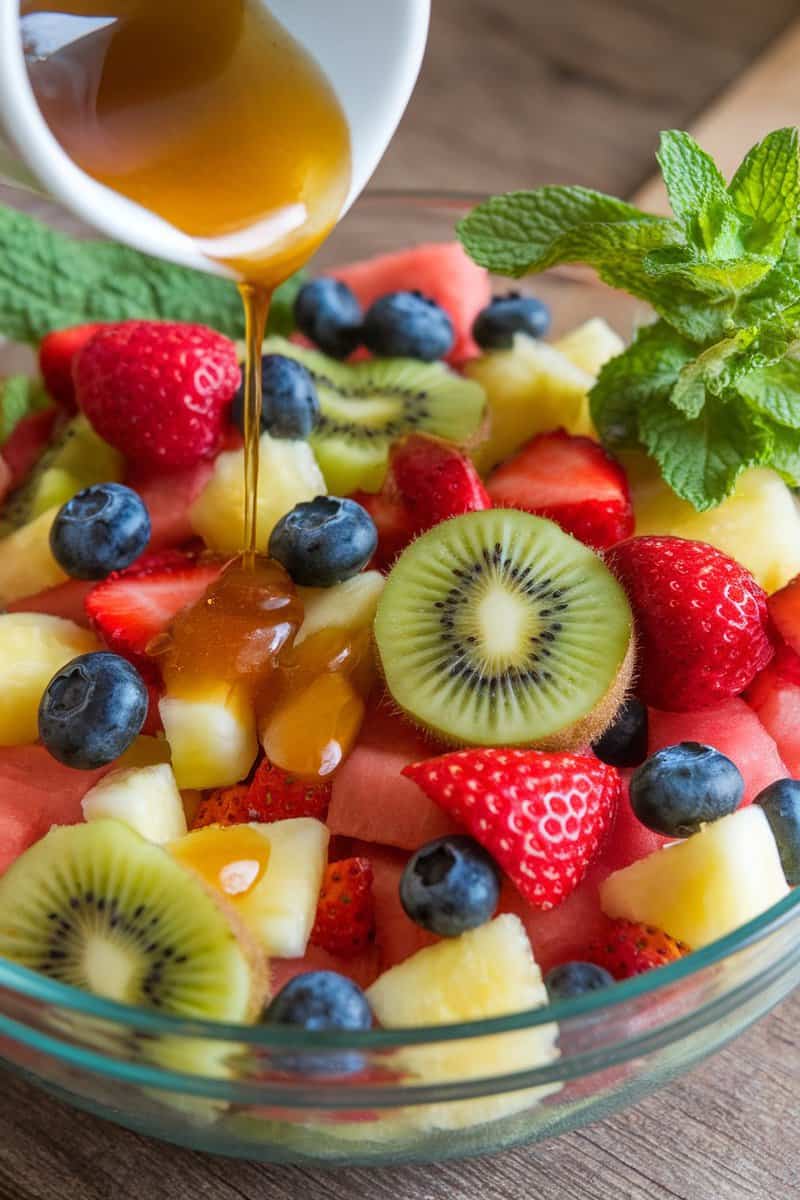 A colorful fruit salad with honey lime dressing being poured over it, featuring strawberries, blueberries, kiwi, and pineapple.