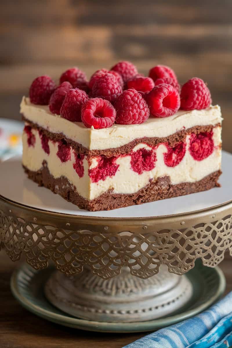 Delicious raspberry cheesecake brownies topped with fresh raspberries on a decorative cake stand.