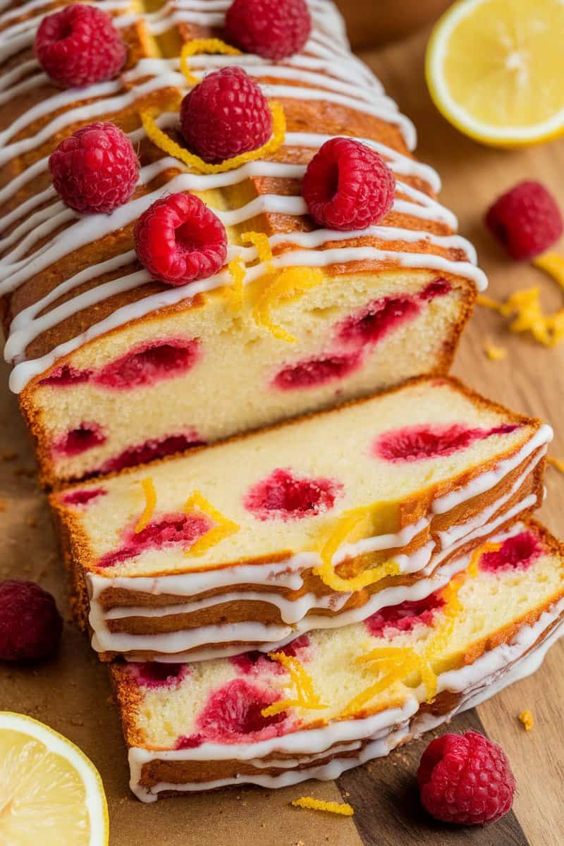 A loaf of Raspberry Lemon Drizzle Bread with slices showing raspberries and lemon zest.