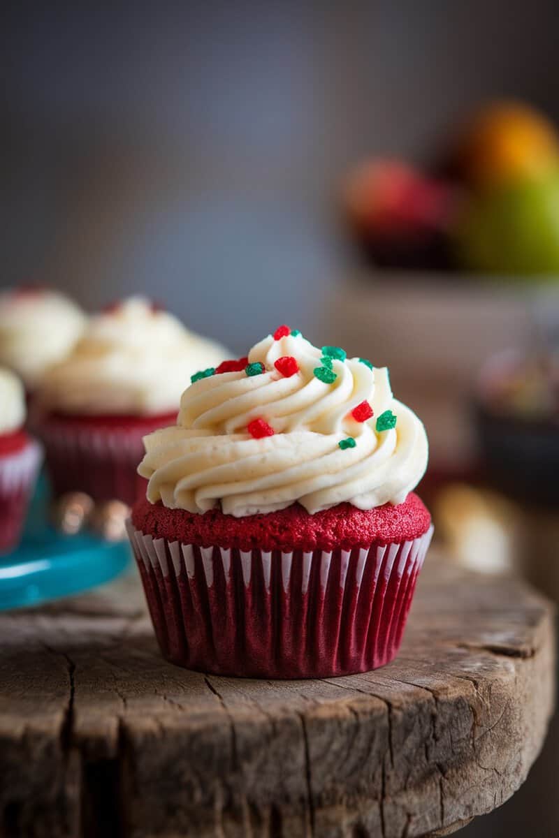 Red velvet cupcake with cream cheese icing on a wooden table.