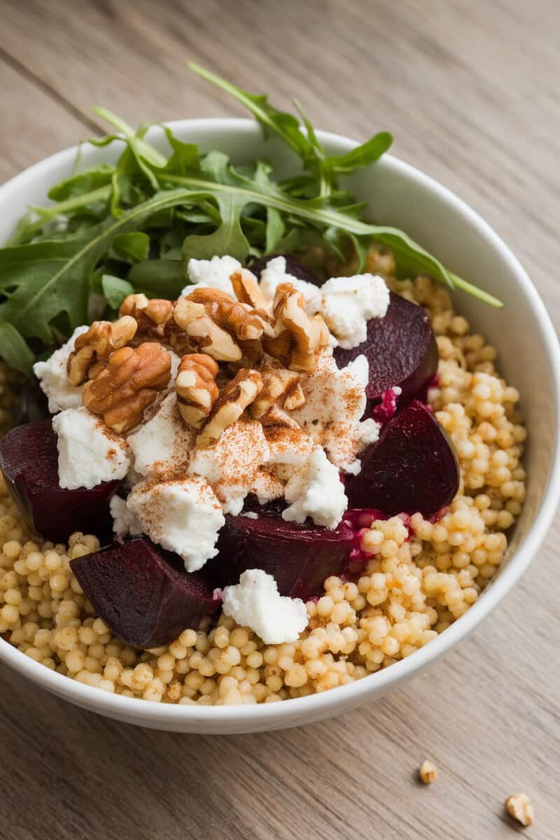 A delicious roasted beet and feta couscous bowl topped with walnuts and arugula.