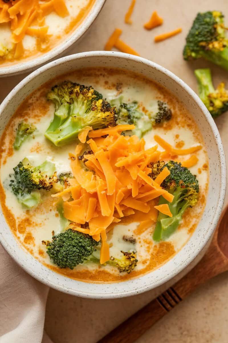 A bowl of roasted broccoli and cheese soup with melted cheddar cheese on top, surrounded by additional broccoli florets.