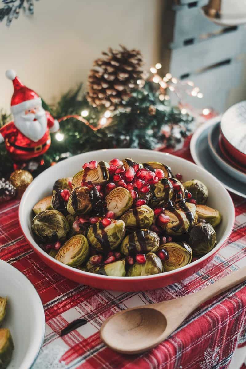 A festive bowl of roasted Brussels sprouts drizzled with balsamic glaze and topped with pomegranate seeds.