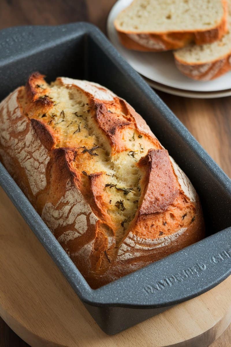 Loaf of roasted garlic and herb bread in a stone loaf pan