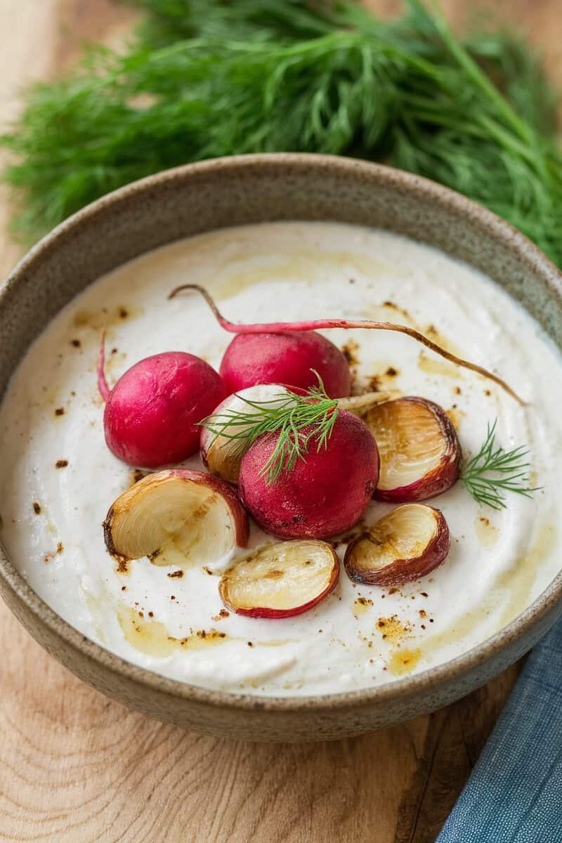 A creamy bowl of roasted radish and garlic soup topped with vibrant radishes and fresh dill