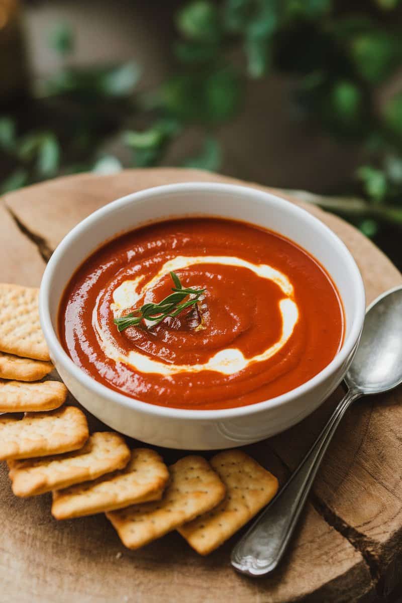 A bowl of roasted red pepper soup with a swirl of cream and crackers on the side.