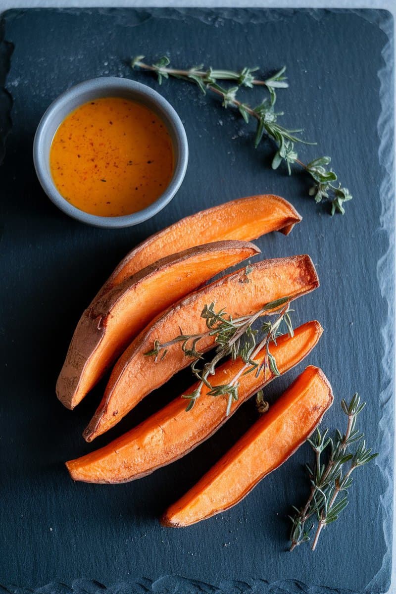 Roasted sweet potato wedges served with a dipping sauce and garnished with herbs.