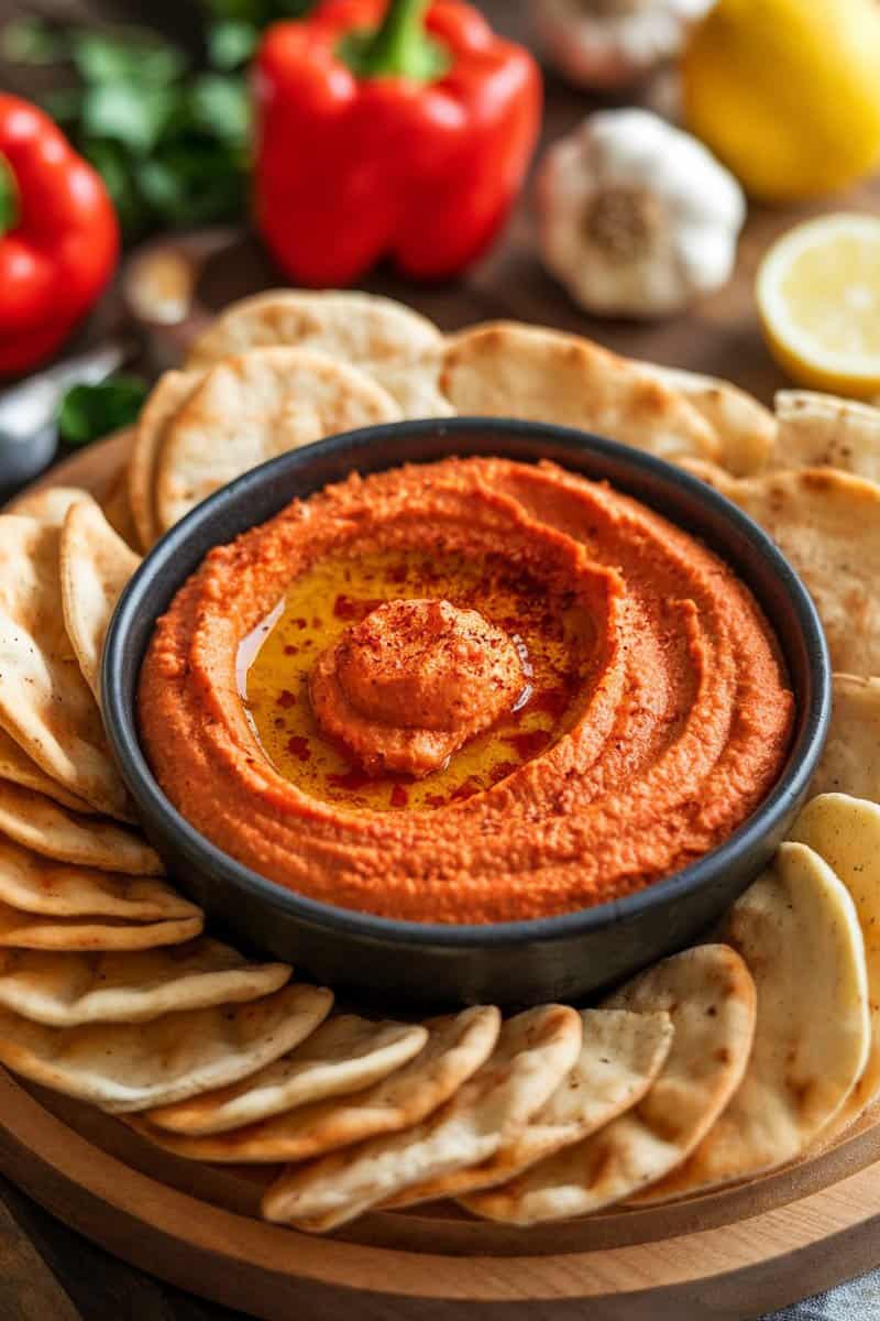 A bowl of roasted sweet red pepper hummus surrounded by pita chips.