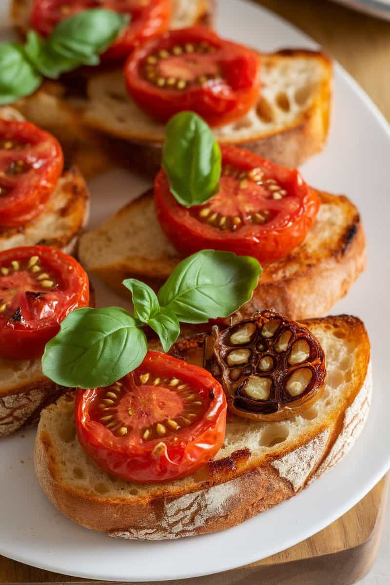 Roasted tomato and garlic bruschetta on a plate garnished with basil