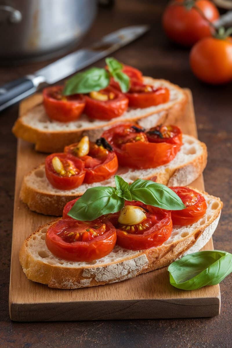 Delicious roasted tomato and garlic bruschetta on toasted bread, garnished with basil.