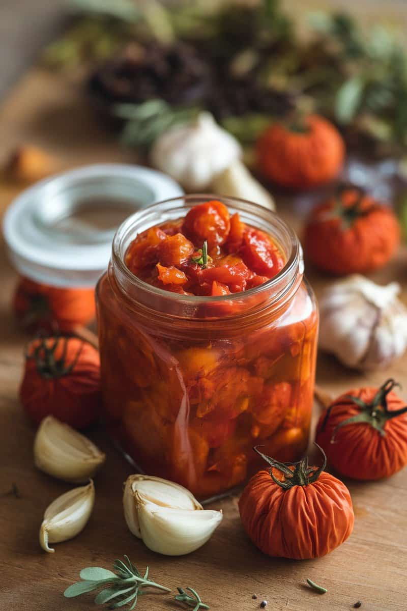 A jar of roasted tomato and garlic chutney surrounded by garlic cloves and fresh tomatoes.