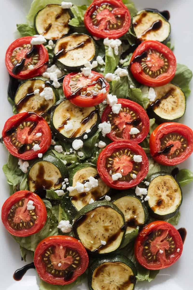 A colorful roasted tomato and zucchini salad on a white plate, featuring sliced zucchini and tomatoes on a bed of greens, topped with feta cheese and balsamic reduction.