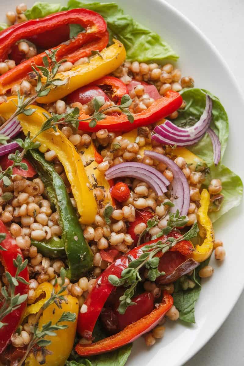 A colorful roasted vegetable and barley salad featuring red, yellow, and green bell peppers with barley on a bed of greens.