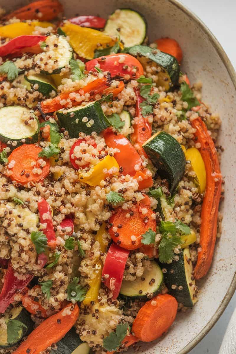 A vibrant roasted vegetable quinoa salad with colorful veggies and quinoa.