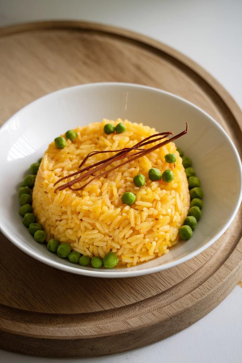 A bowl of saffron infused rice with peas, garnished with saffron strands.