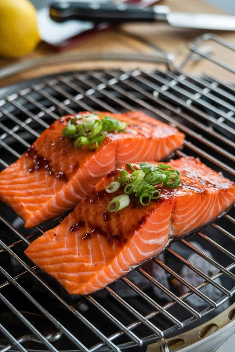 Grilled salmon with green onions on a grill