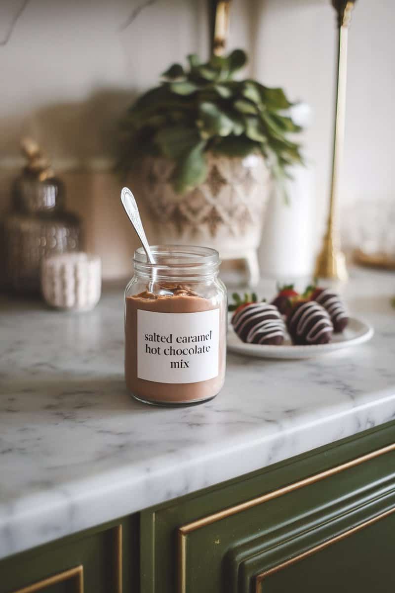 Jar of salted caramel hot chocolate mix on a marble countertop next to chocolate-covered strawberries.