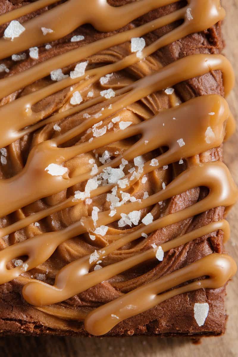 A delicious close-up of salted caramel swirl brownies topped with caramel drizzle and sea salt.