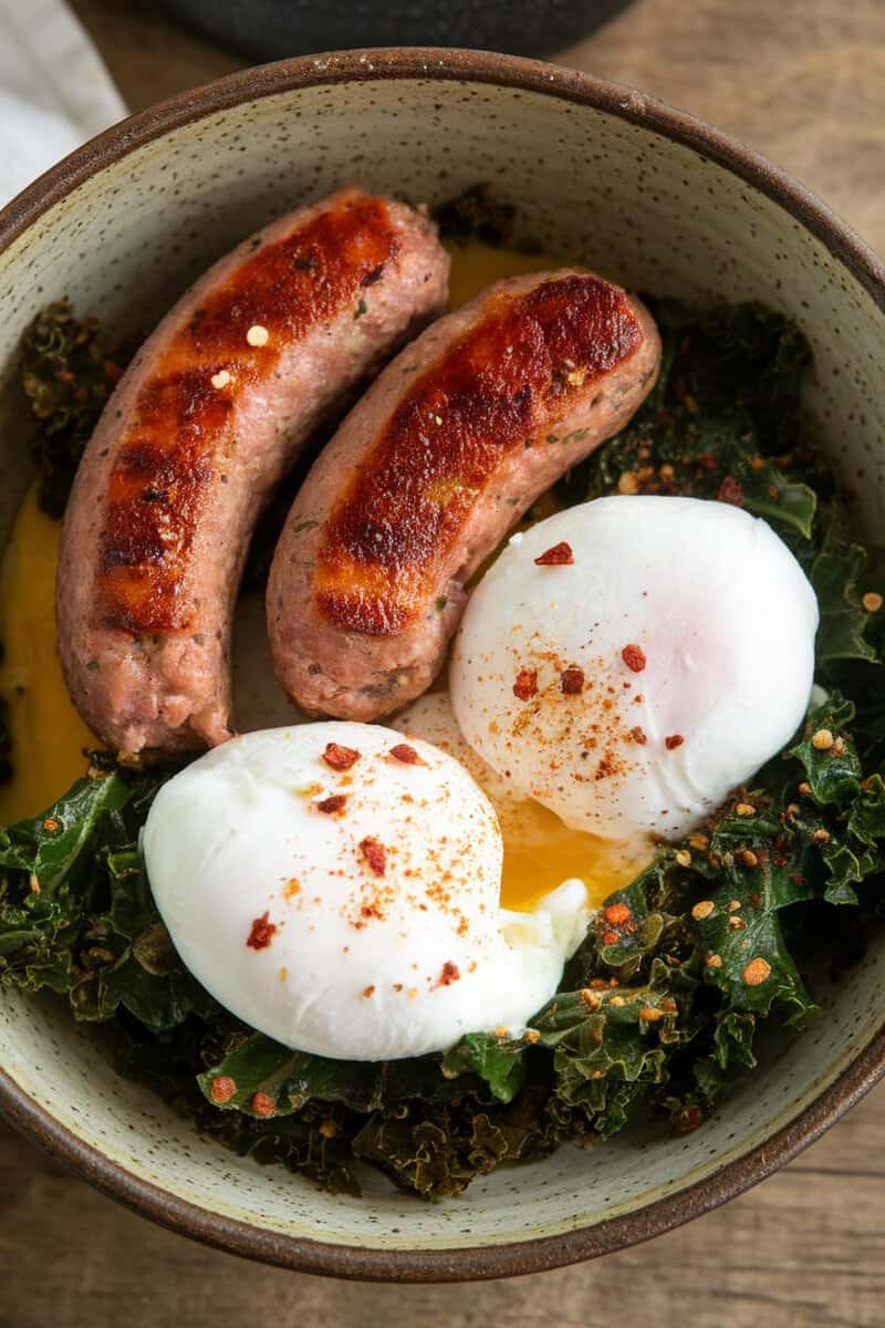 A bowl filled with sliced sausage, kale, and poached eggs.