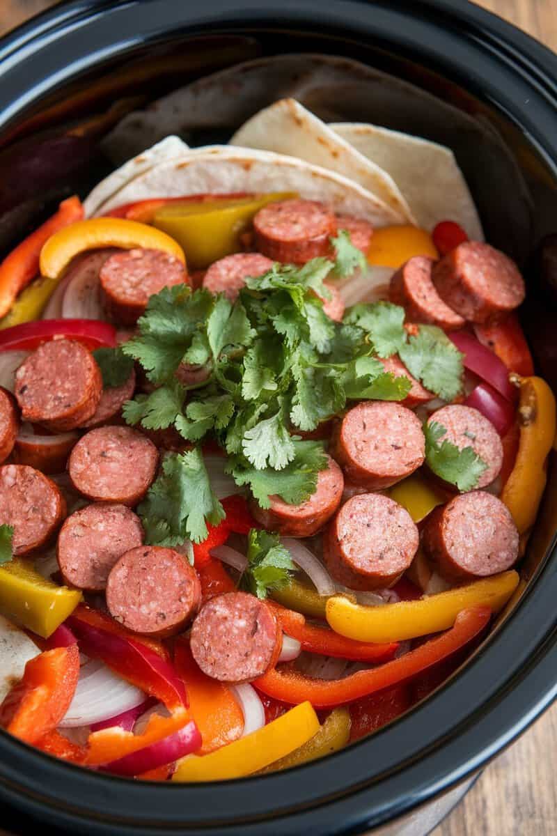 A colorful breakfast skillet with sliced sausage, bell peppers, onions, and garnished with cilantro.