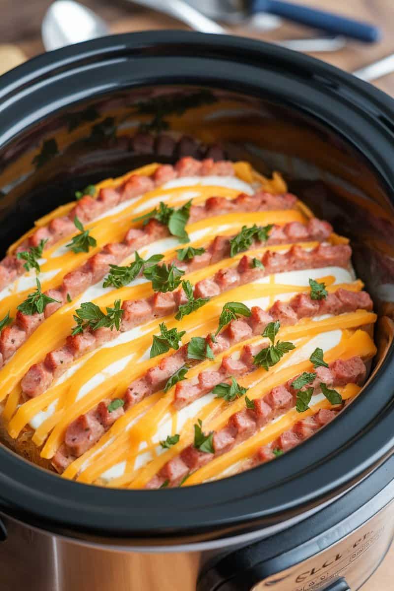 A slow cooker filled with a sausage and egg casserole topped with cheese and herbs.