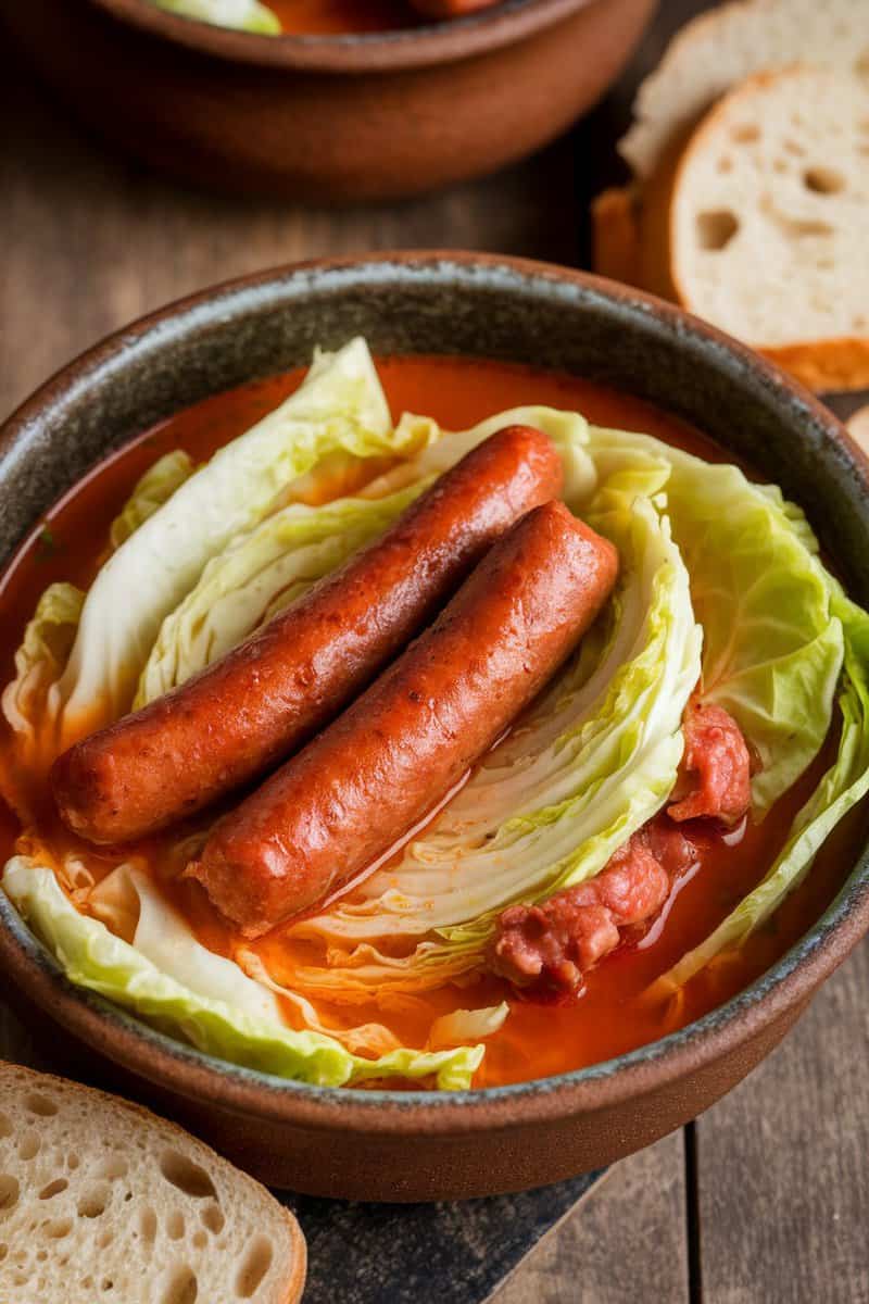 A bowl of Savory Cabbage and Sausage Soup with cabbage leaves and sausages.