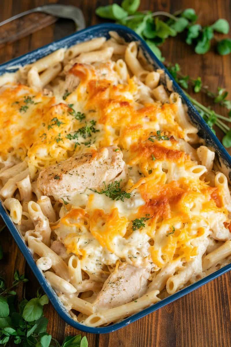 A delicious Chicken Alfredo Pasta Bake with melted cheese on top.