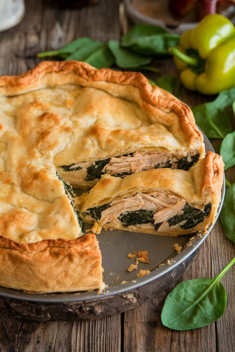 Savory chicken and spinach pudgy pie with a golden crust