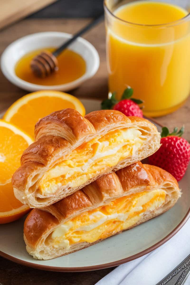 Savory egg and cheese croissant on a plate with orange slices and strawberries