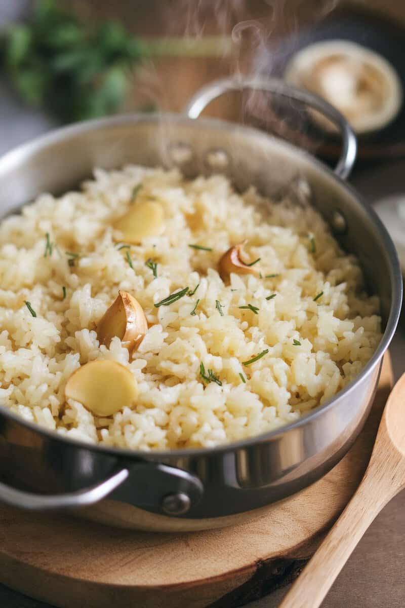 A delicious serving of garlic butter rice with steaming grains and garlic cloves.