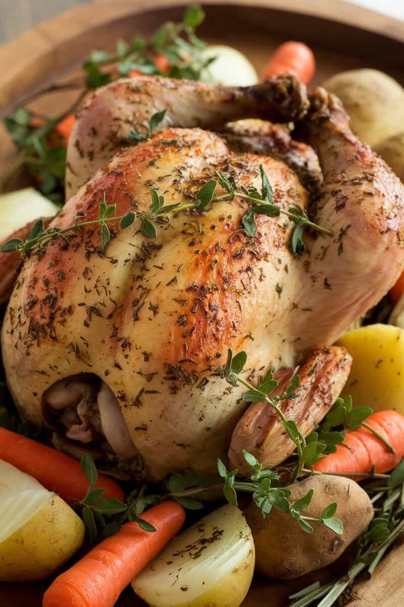 A beautifully roasted chicken with herbs surrounded by colorful vegetables on a wooden table.