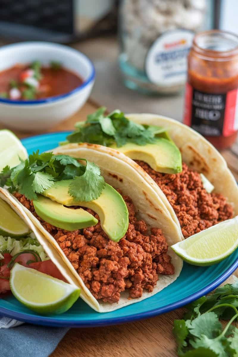 Delicious tacos filled with Impossible ground beef, topped with avocado and cilantro