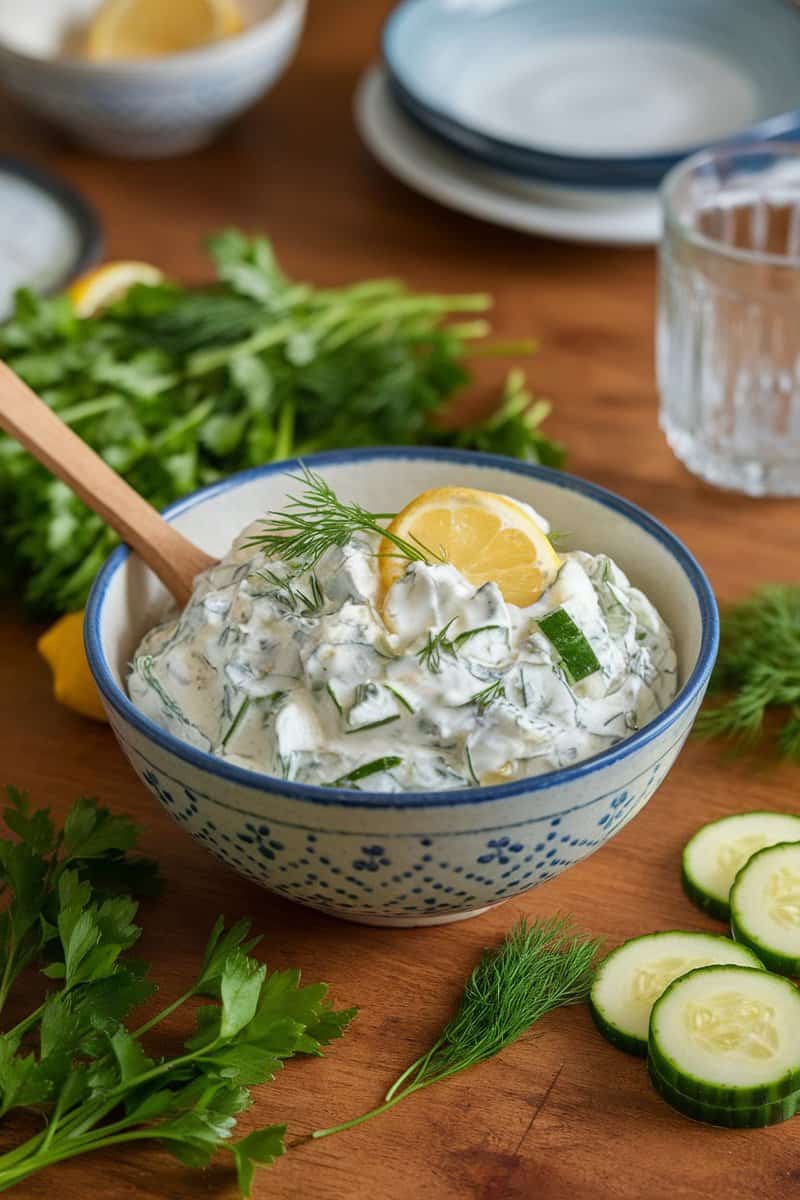 A bowl of lemon cucumber and herb blend with fresh cucumbers and herbs around it.