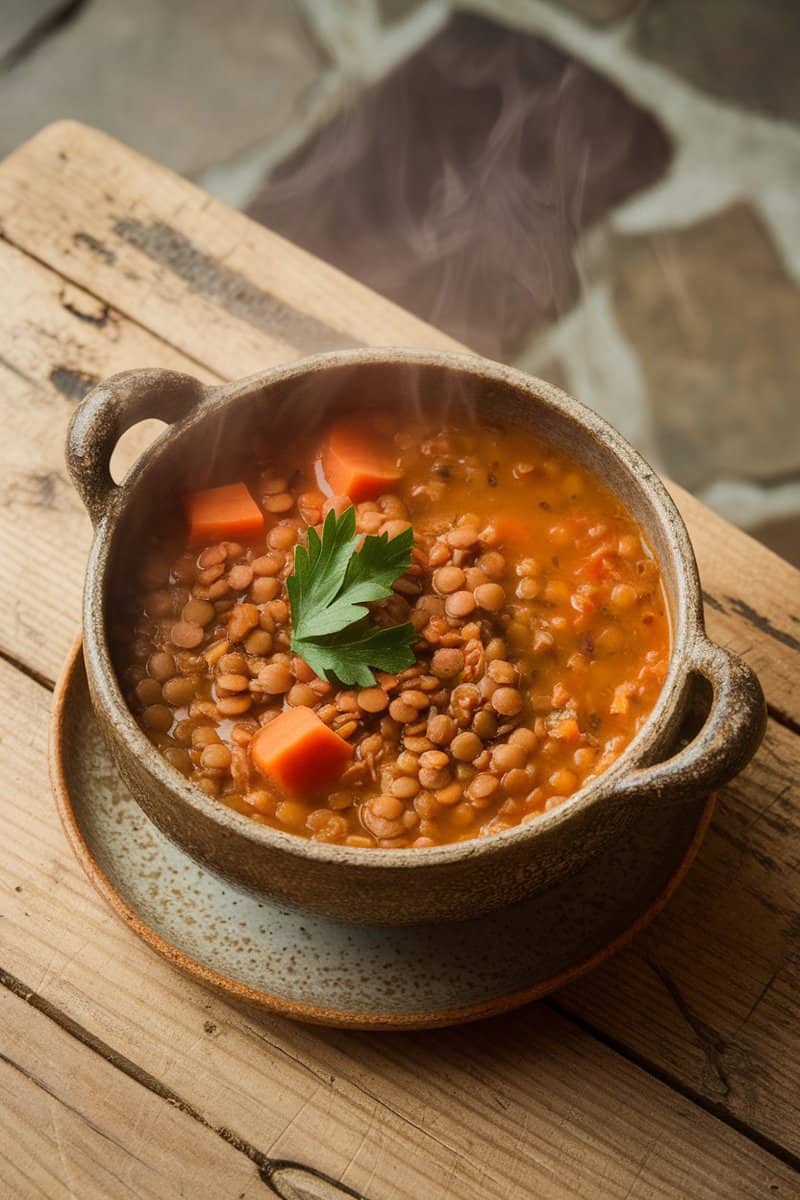 A steaming bowl of lentil soup with carrots and parsley on a wooden table.