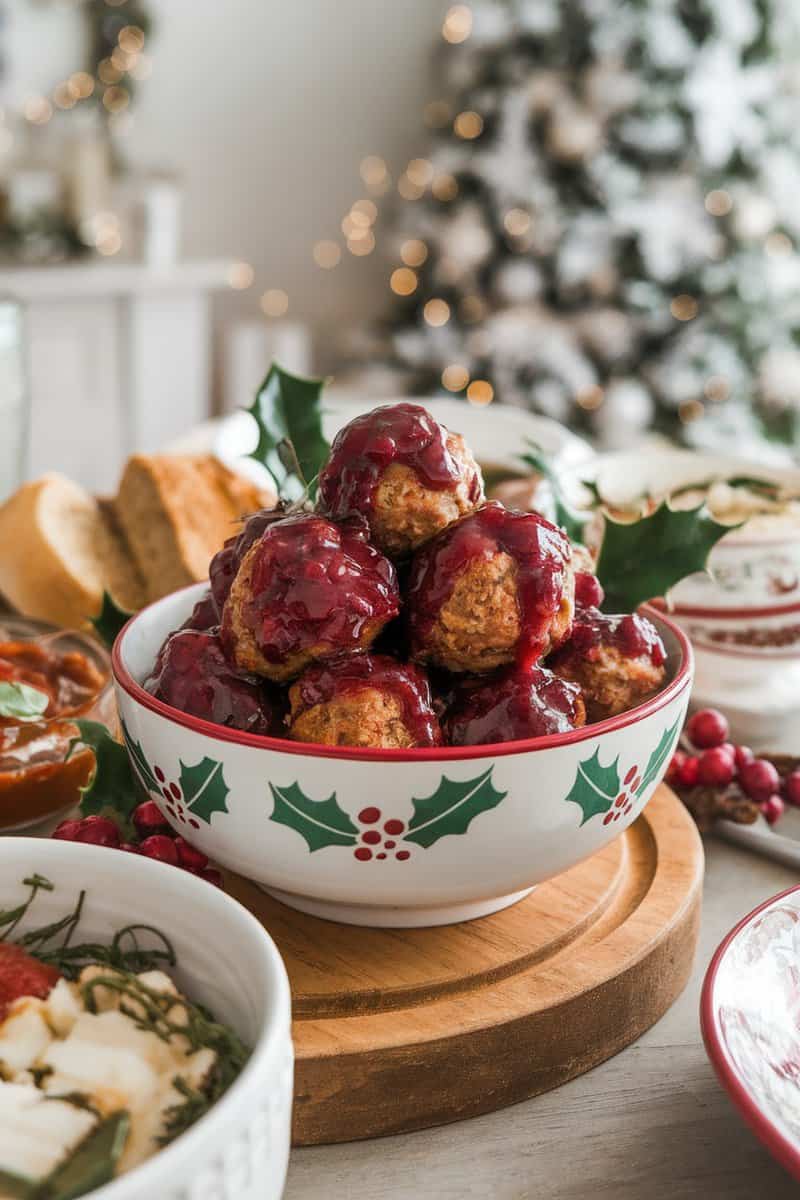 Savory meatballs coated in cranberry glaze, served in a festive bowl.