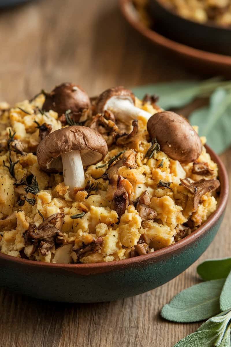 Bowl of savory mushroom and sage stuffing with bread cubes and mushrooms