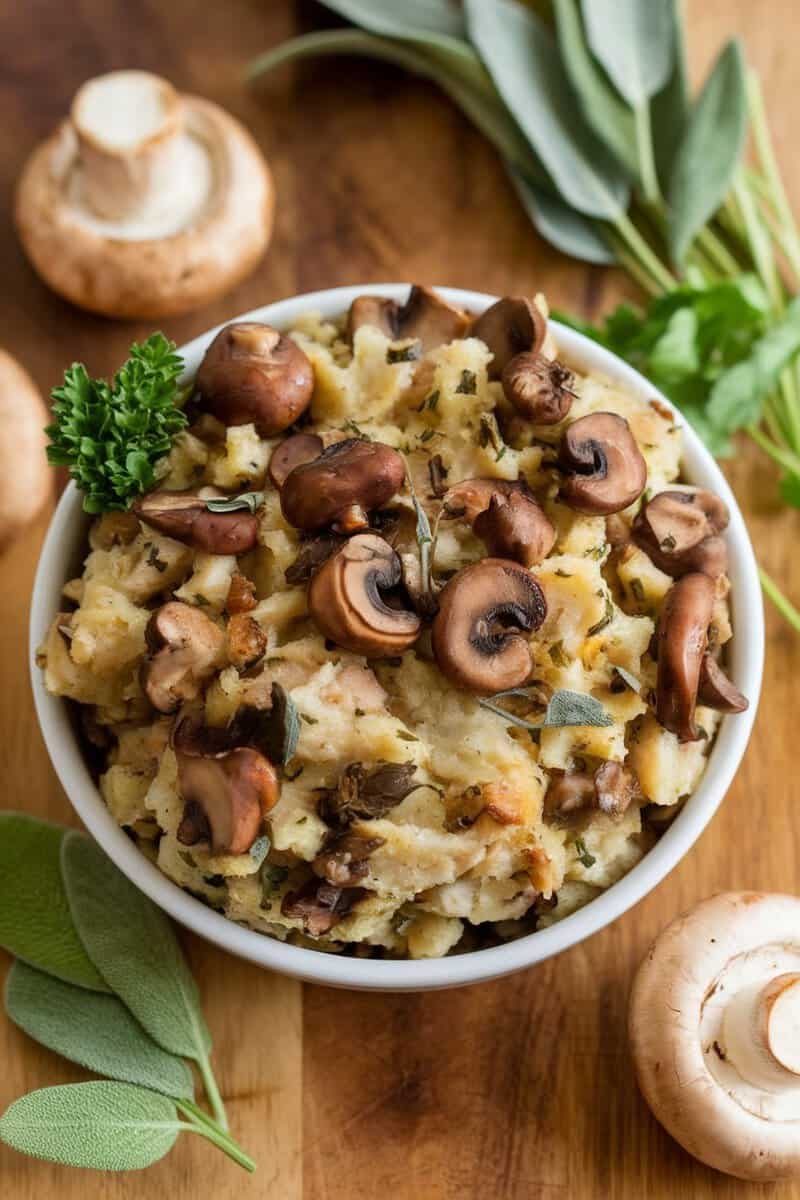 A bowl of savory mushroom and sage stuffing garnished with fresh herbs, surrounded by mushrooms and sage leaves