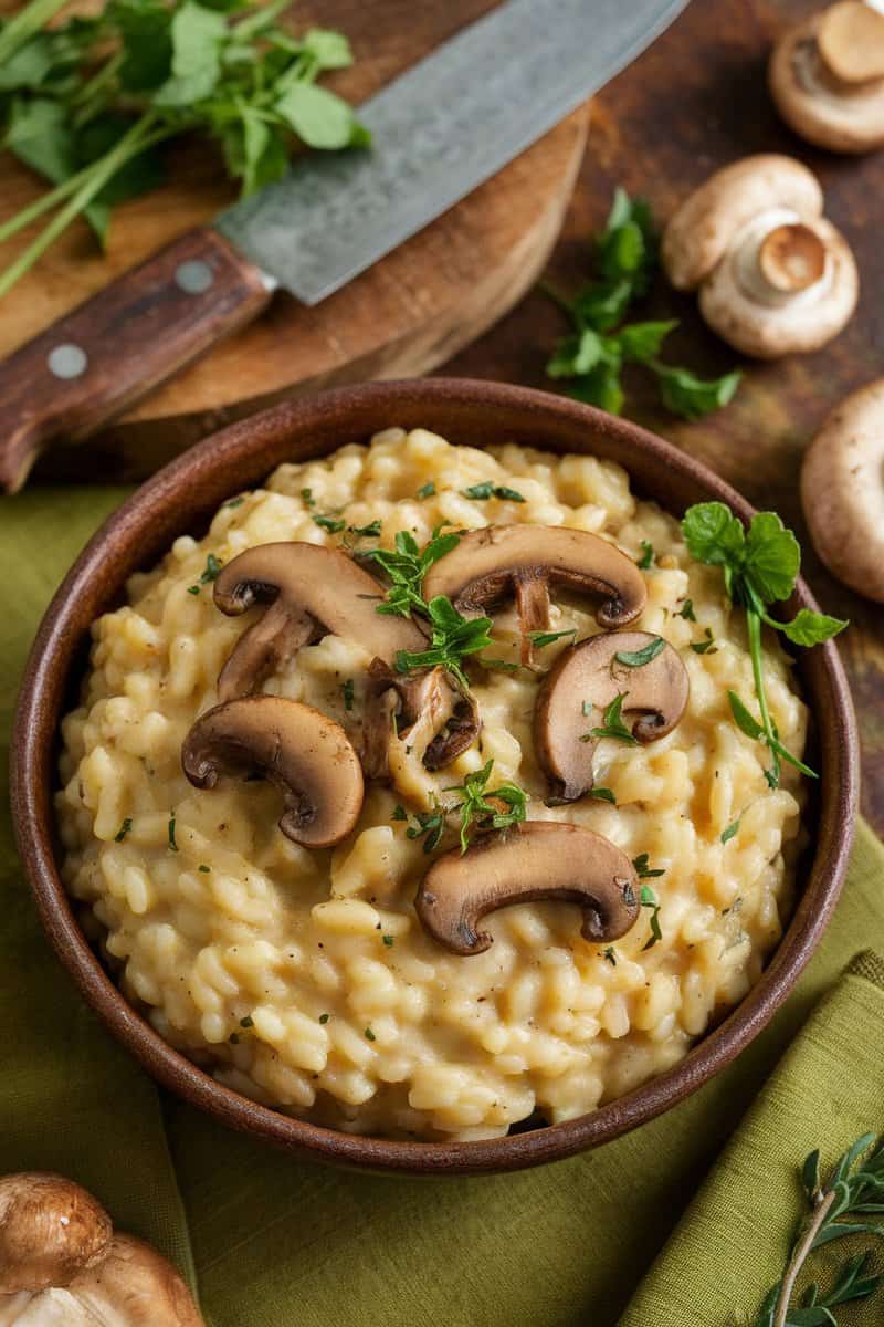 Bowl of creamy mushroom risotto garnished with sliced mushrooms and herbs