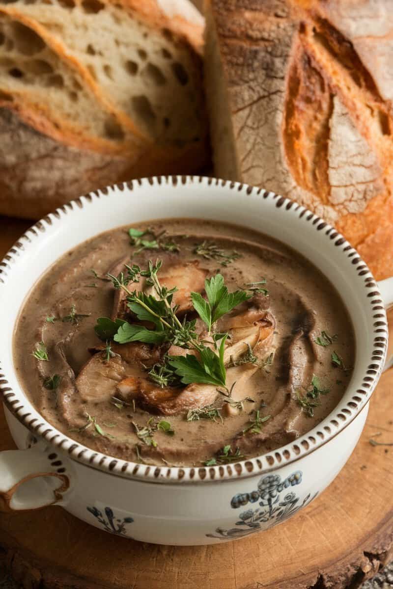 Bowl of creamy mushroom soup garnished with mushrooms and herbs, served with crusty bread.