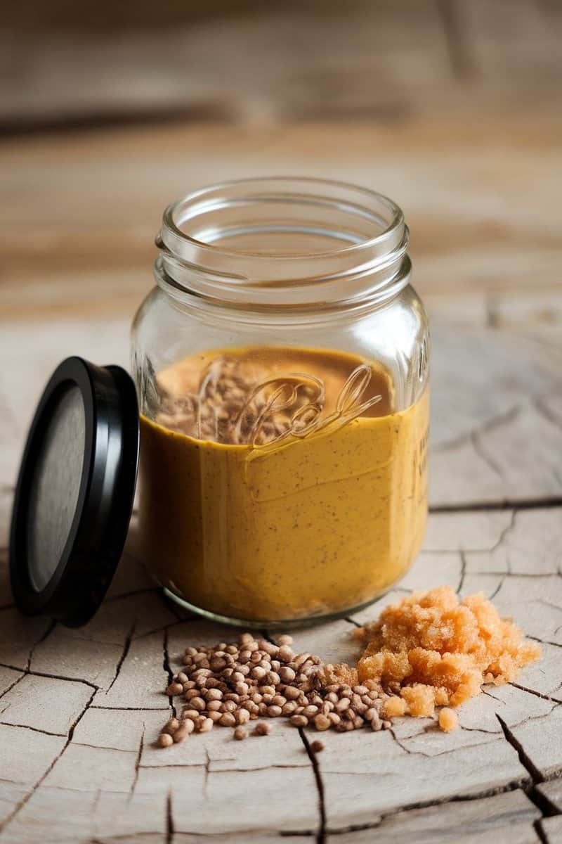 A jar of savory mustard and brown sugar marinade with mustard seeds and brown sugar beside it.